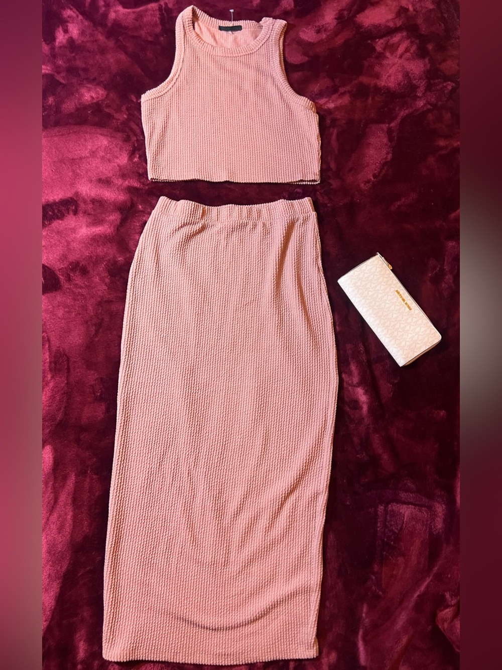 Textured Pink Two-Piece Crop Top & Maxi Skirt Set | 21 Saints